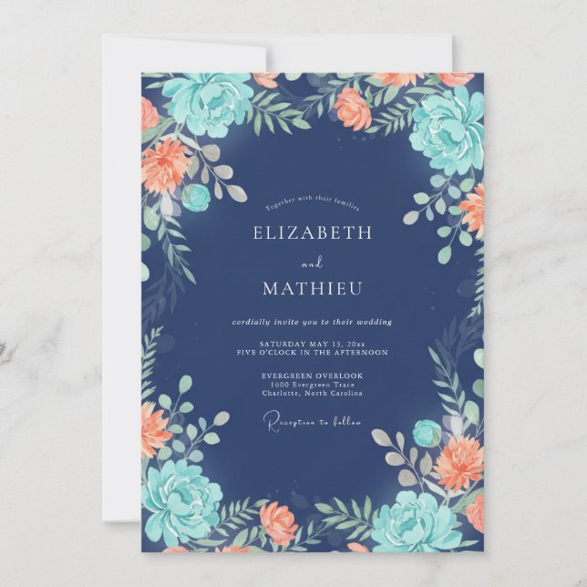Indigo Aqua Petal Wedding Invitation (Front)