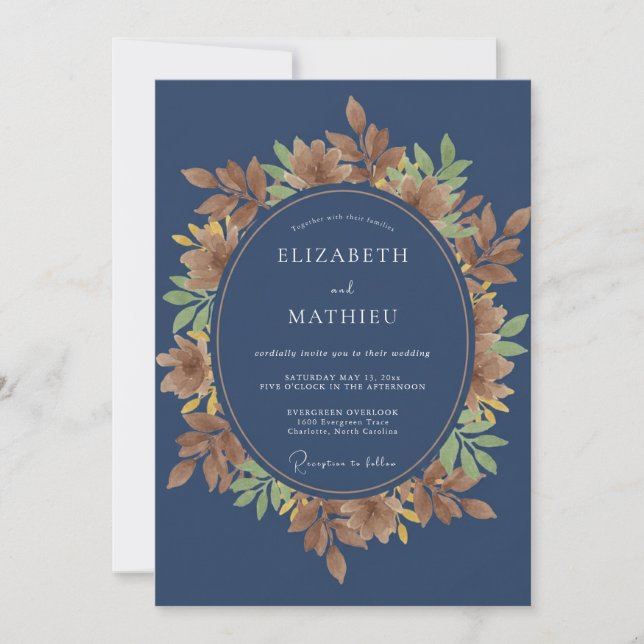 Indigo Autumnal Leaf Wedding Invitation (Front)