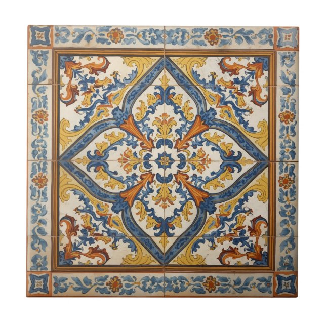 Indigo Azulejo Blue and yellow Portuguese  Ceramic Tile (Front)