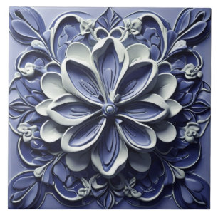 Indigo Azulejo Blue Portuguese Faux Relief Floral Ceramic Tile