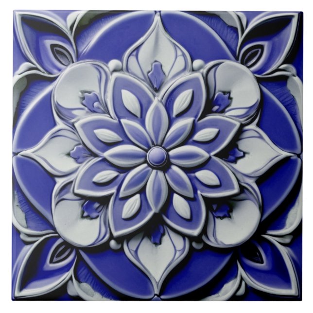 Indigo Azulejo Blue Portuguese Faux Relief Flower Ceramic Tile (Front)
