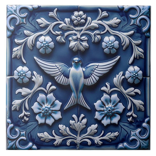 Indigo Azulejo Blue Portuguese Lisbon bird Ceramic Tile (Front)