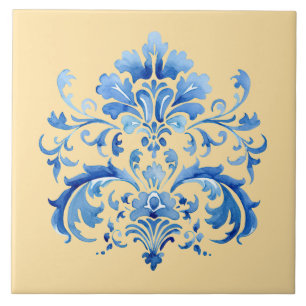 Indigo Azulejo Blue Portuguese Lisbon Botanical Ceramic Tile