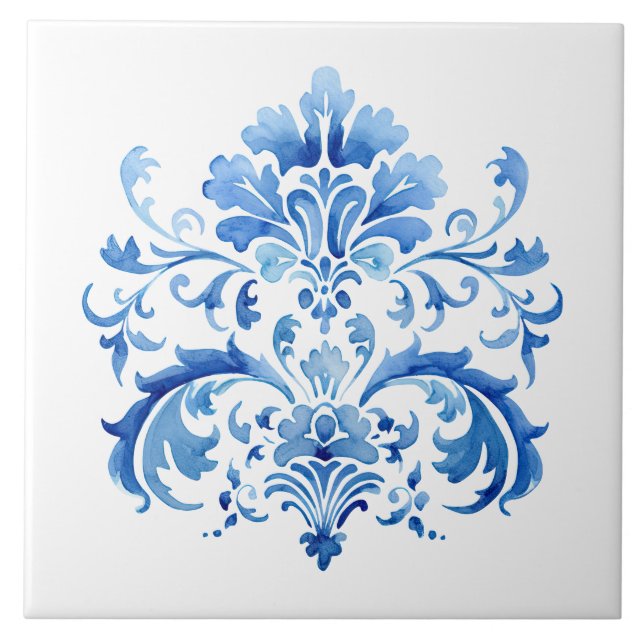 Indigo Azulejo Blue Portuguese Lisbon Botanical Ceramic Tile (Front)