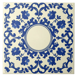 Indigo Azulejo Blue Portuguese Lisbon Botanical Ceramic Tile