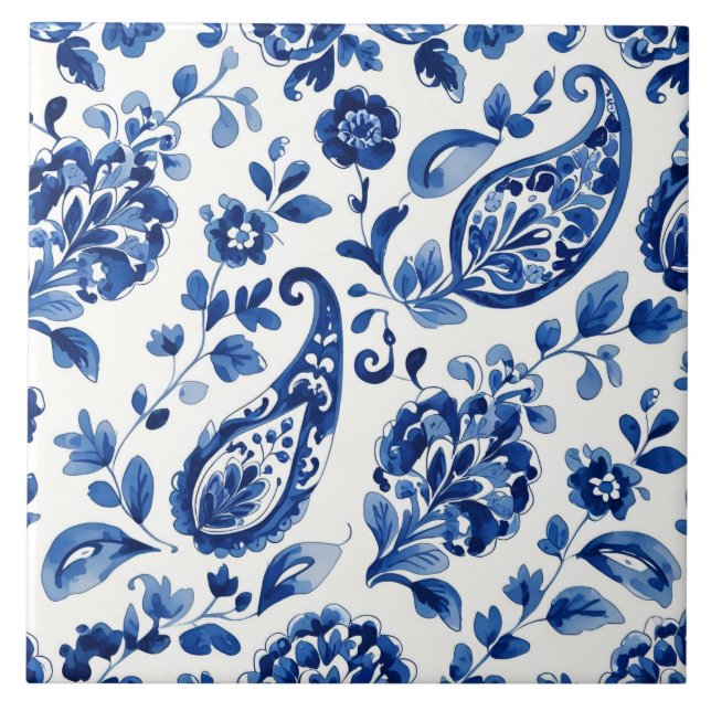 Indigo Azulejo Blue Portuguese Lisbon Botanical Ceramic Tile (Front)