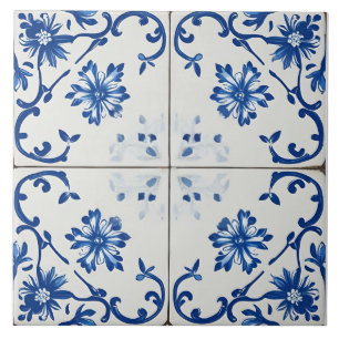 Indigo Azulejo Blue Portuguese Lisbon Botanical Ceramic Tile