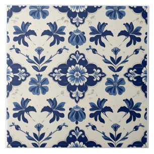 Indigo Azulejo Blue Portuguese Lisbon Botanical Ceramic Tile