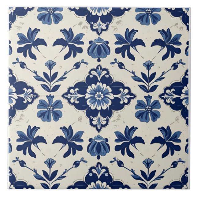Indigo Azulejo Blue Portuguese Lisbon Botanical Ceramic Tile (Front)