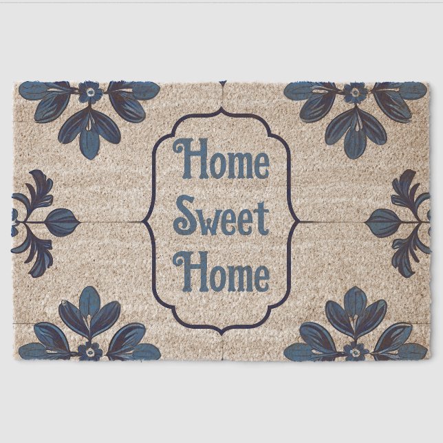 Indigo Azulejo Blue Portuguese Lisbon Decorative Fiber Doormat (Front)