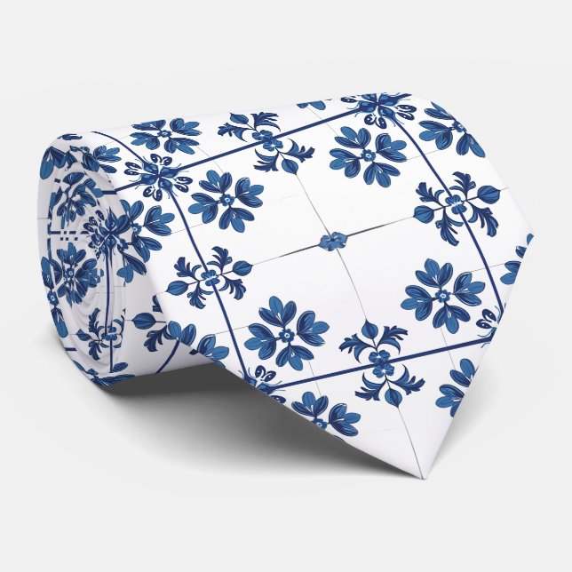 Indigo Azulejo Blue Portuguese Lisbon Decorative Neck Tie (Rolled)