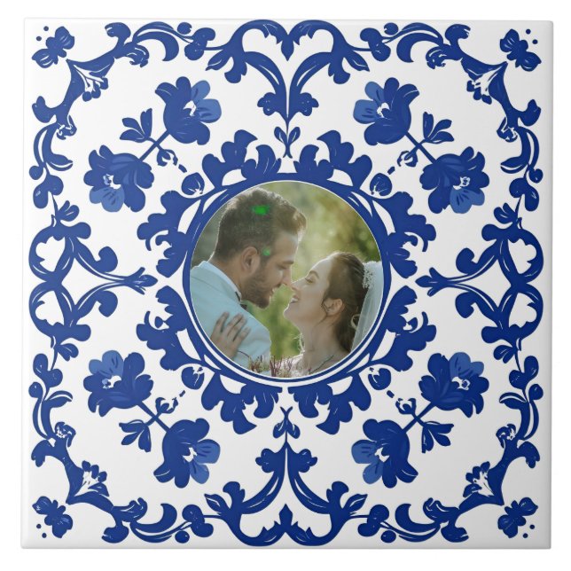Indigo Azulejo Blue Portuguese Lisbon photo Ceramic Tile (Front)
