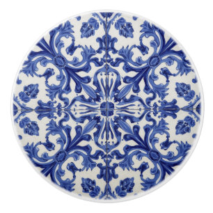Indigo Azulejo Blue Portuguese Lisbon Talavera Ceramic Knob