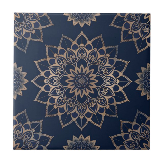 Indigo Azulejo Blue Portuguese Mandala Decorative Ceramic Tile (Front)