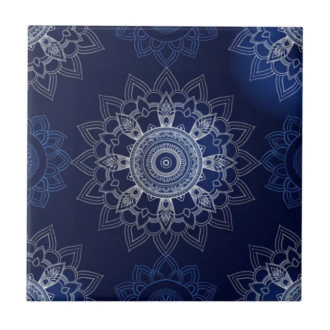Indigo Azulejo Blue  Portuguese Mandala Decorative Ceramic Tile (Front)