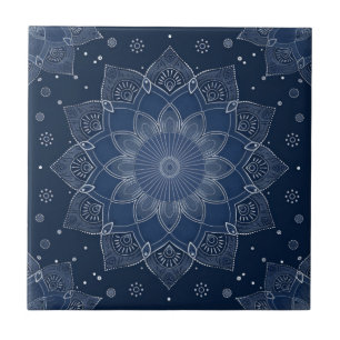 Indigo Azulejo Blue Portuguese Mandala Decorative Ceramic Tile