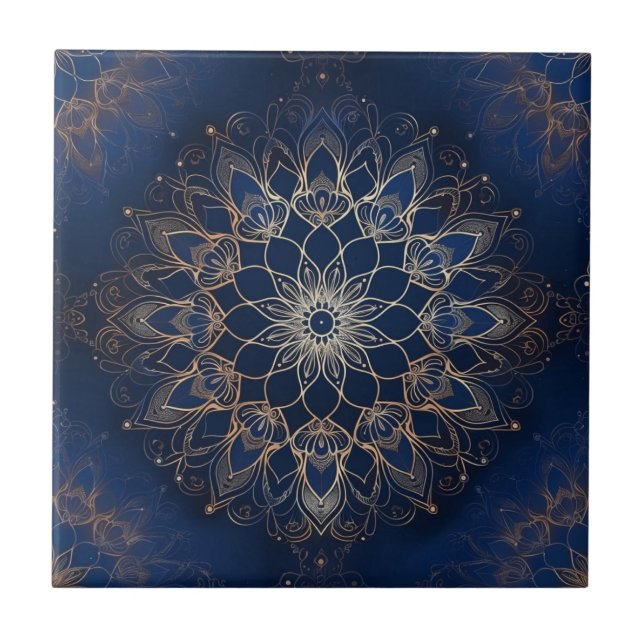 Indigo Azulejo Blue Portuguese Mandala Decorative Ceramic Tile (Front)