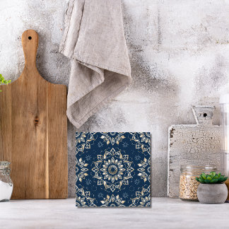 Indigo Azulejo Blue Portuguese Mandala Decorative Ceramic Tile