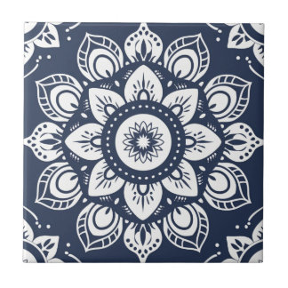 Indigo Azulejo Blue Portuguese Mandala Decorative Ceramic Tile