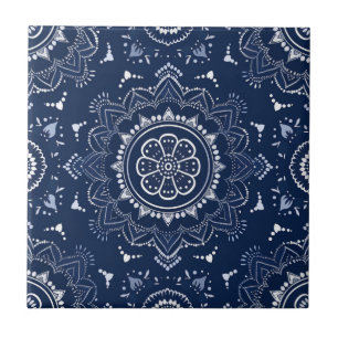 Indigo Azulejo Blue Portuguese Mandala Decorative Ceramic Tile