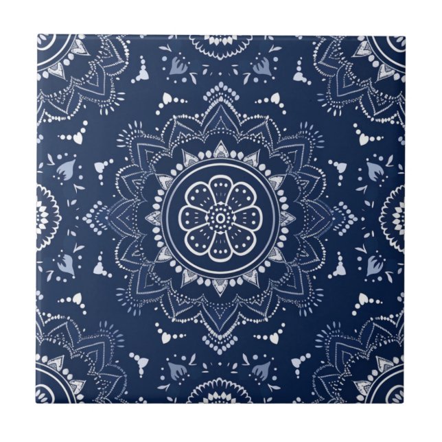 Indigo Azulejo Blue Portuguese Mandala Decorative Ceramic Tile (Front)