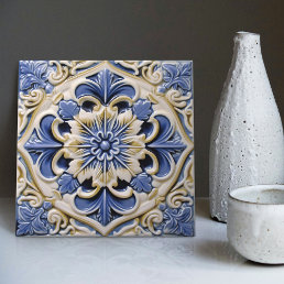 Indigo Azulejo Blue Yellow Portuguese Lisbon Ceramic Tile