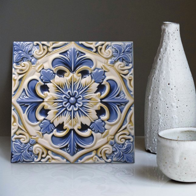 Indigo Azulejo Blue Yellow Portuguese Lisbon Ceramic Tile (Creator Uploaded)