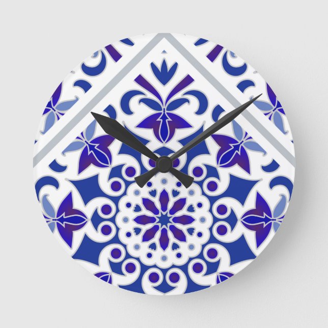 Indigo Azulejos Portuguese Blue and white tiles Round Clock (Front)