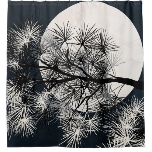 Indigo Black and White Pine Branch on Moon Shower Curtain