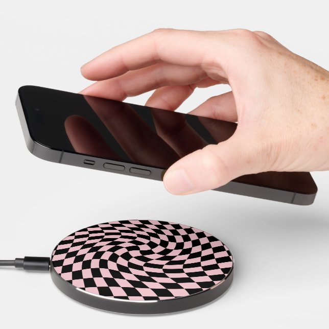 Indigo Black Pink Retro Warped Checks Checkered   Wireless Charger (Hand)