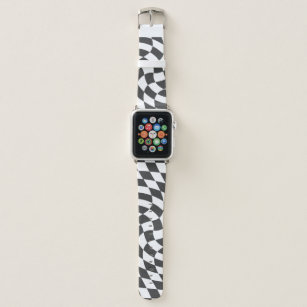 Indigo Black White Retro Warped Checks Checkered   Apple Watch Band