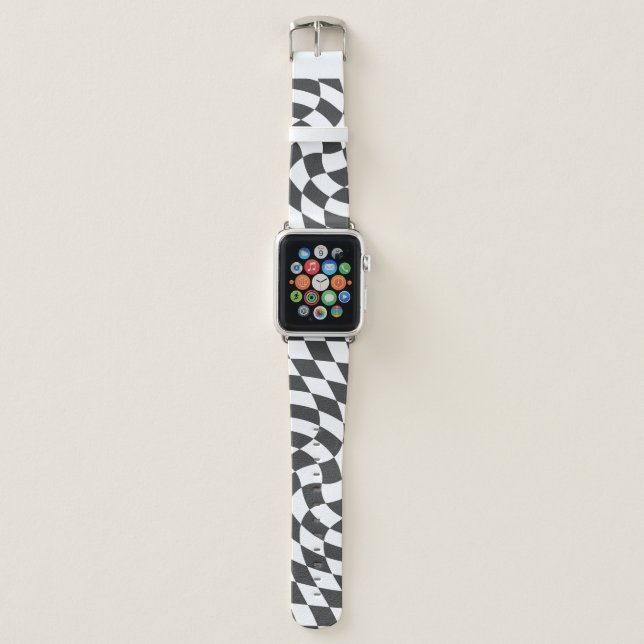 Indigo Black White Retro Warped Checks Checkered   Apple Watch Band (Front)