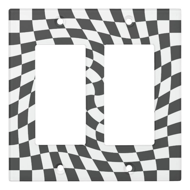 Indigo Black White Retro Warped Checks Checkered   Light Switch Cover (Front)