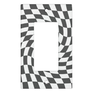 Indigo Black White Retro Warped Checks Checkered  Light Switch Cover