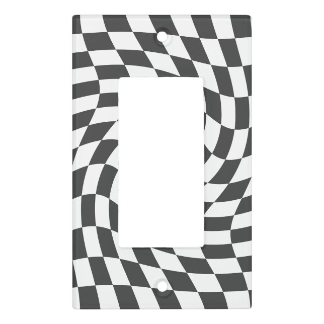 Indigo Black White Retro Warped Checks Checkered  Light Switch Cover (Front)