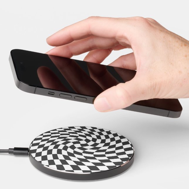 Indigo Black White Retro Warped Checks Checkered   Wireless Charger (Hand)