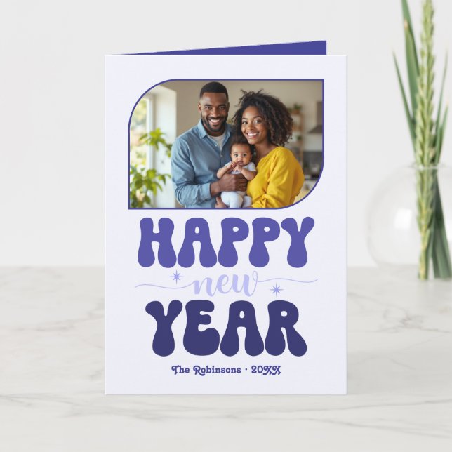 Indigo Bliss Happy New Year Retro Groovy Photo Holiday Card (Front)