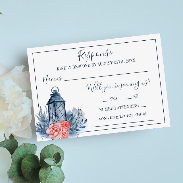 Indigo Bliss Watercolor Floral Lantern Wedding RSVP Card (Creator Uploaded)