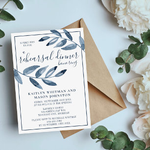 Indigo Bliss Watercolor Leaf Rehearsal Dinner Invitation
