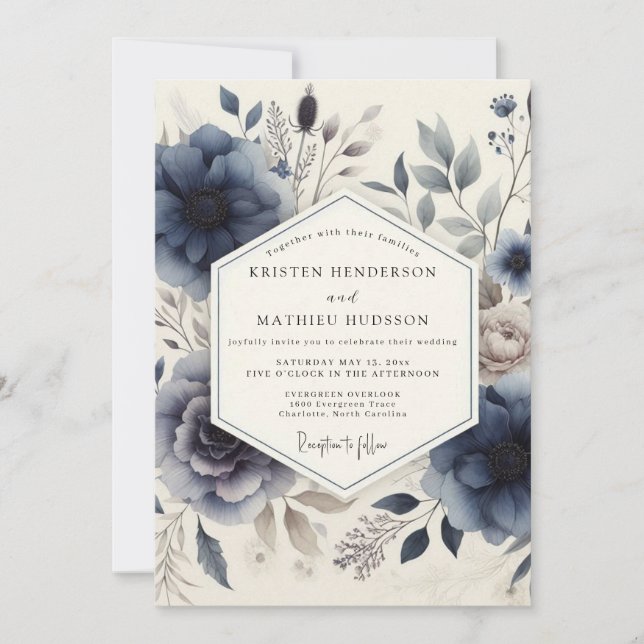 Indigo Bloom Botanical Wedding Invitation (Front)