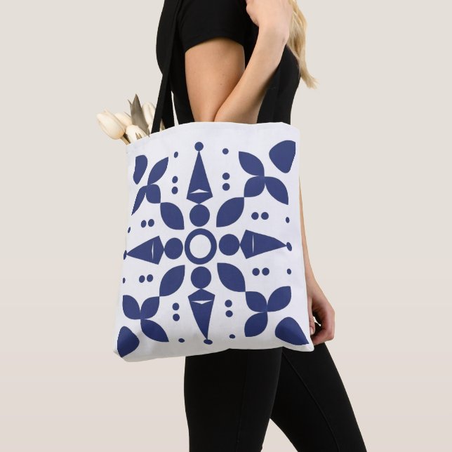 Indigo Bloom Symmetrical Tile Tote Bag (Close Up)