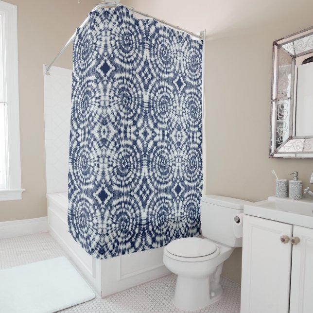 Indigo Blue Abstract Pattern Shower Curtain (In Situ)