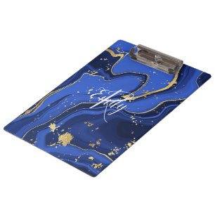 Indigo Blue Agate Marble Abstract Name Monogram Clipboard