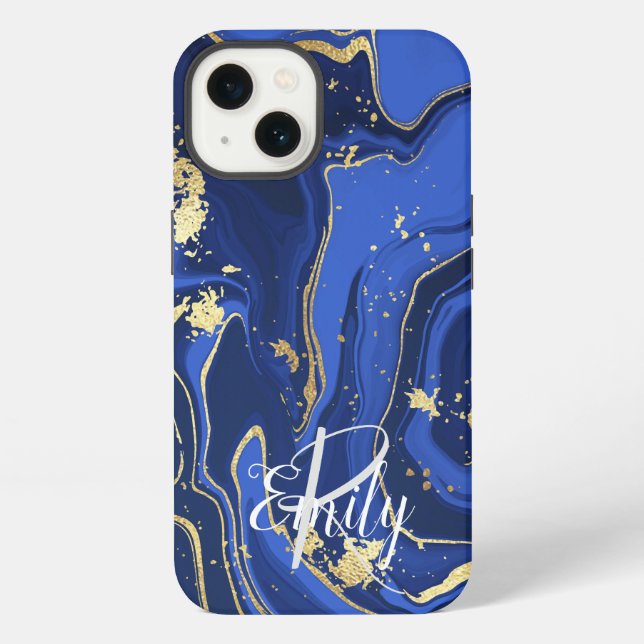 Indigo Blue Agate Marble Abstract Name Monogram  Iphone Case (Back)
