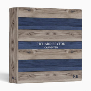 Indigo Blue and Beige Wood 3 Ring Binder