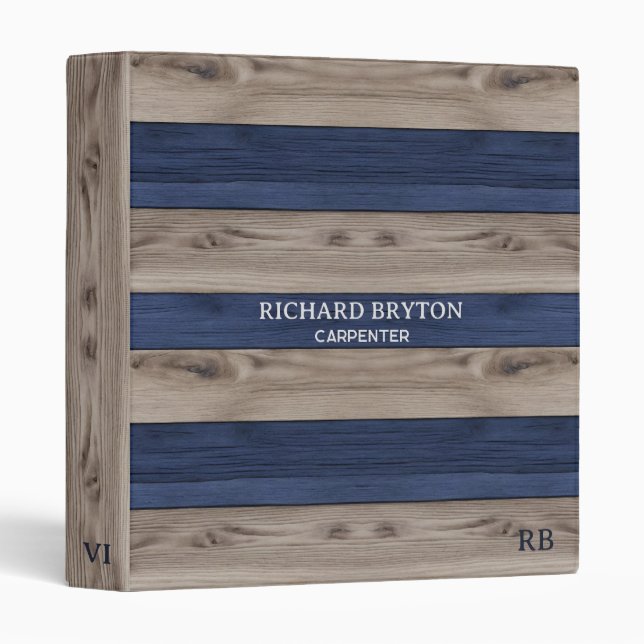 Indigo Blue and Beige Wood 3 Ring Binder (Front/Spine)