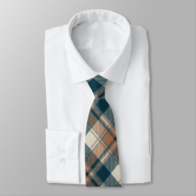 Indigo Blue and Brown Tartan Plaid Pattern Neck Tie (Tied)