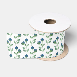 Indigo Blue and Green Watercolor Floral Pattern Satin Ribbon