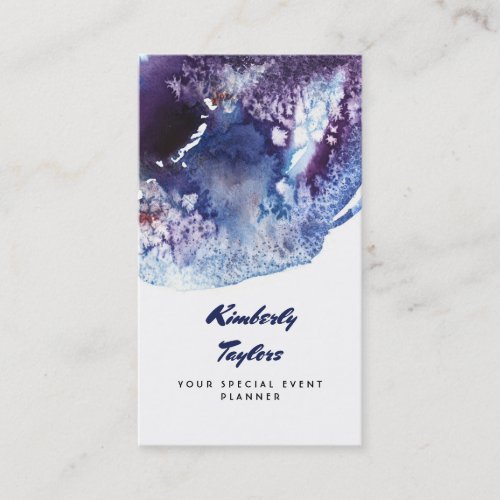 Indigo Blue and Purple Watercolors Modern Creative Business Card - Blue and purple watercolor crystals modern business cards for freelancer, artist, event planner, stylist, designer, or other creative professional.