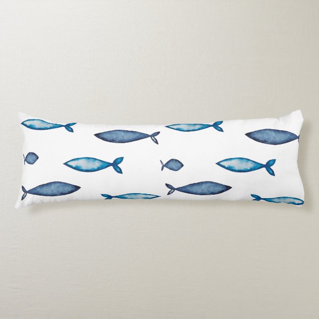 Indigo Blue and Teal Watercolor Fishes Body Pillow (Front)